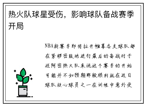 热火队球星受伤，影响球队备战赛季开局